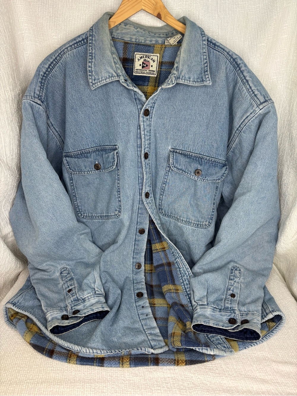 Light Blue Denim Shirt Jacket with Plaid Fleece Lining